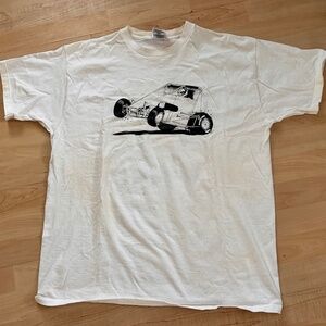 Vintage 90’s Black & White Midget Racing Car Tshirt XL - Saying on Back - Stains